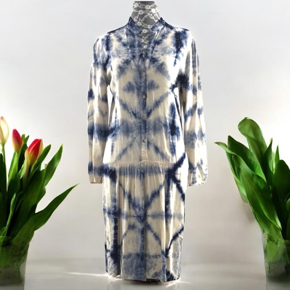 The Odells White Blue Tie Dye Shirt Dress Womens XS Long Sleeve Keyhole Neck
